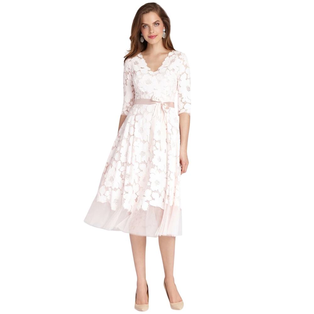 Rickie Freeman Teri Jon Blush Pink Lace Tulle Fit Flare Midi Dress Women's Sz 16